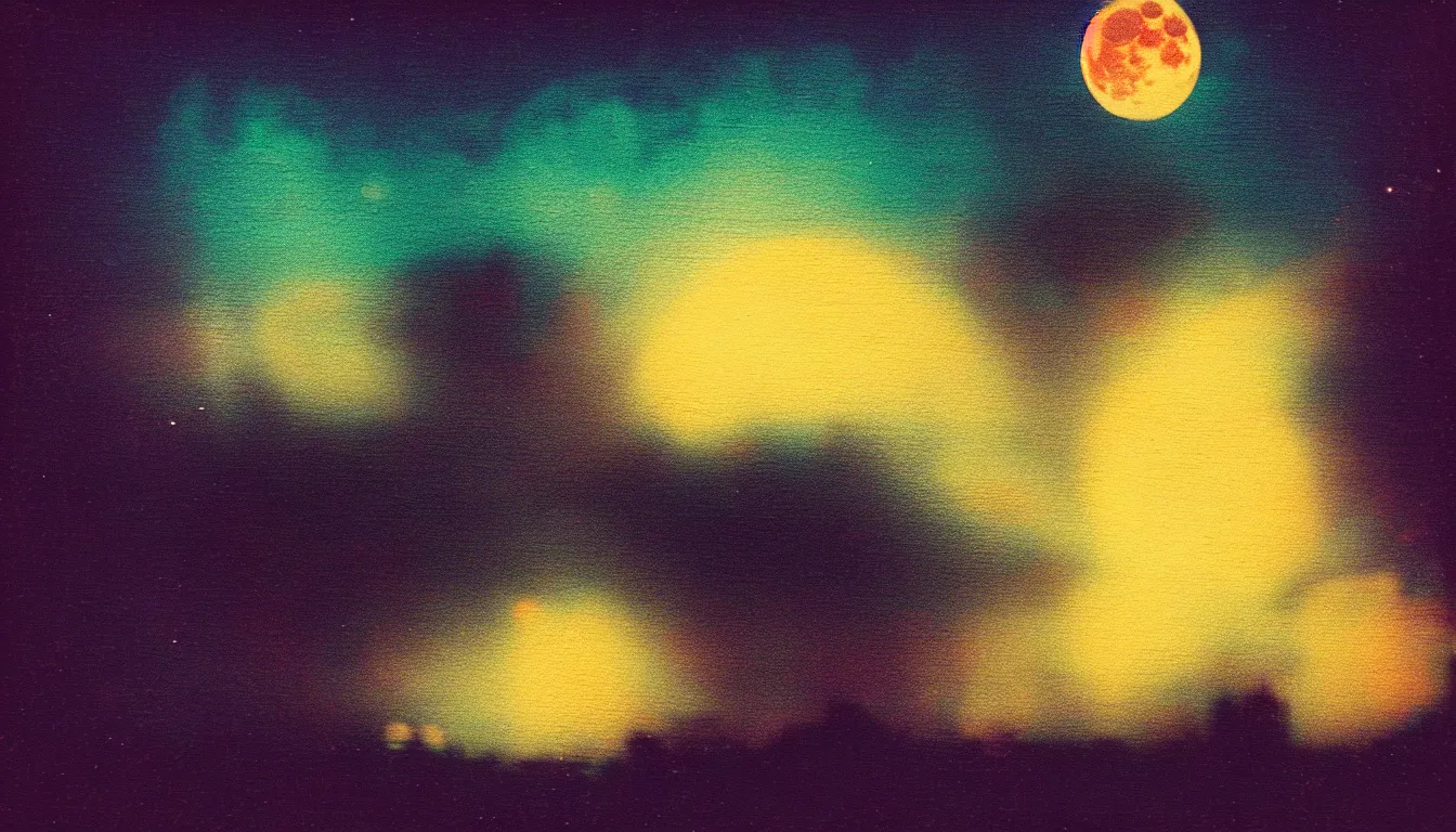 Image similar to colorful instant photograph of the moon in a city at night, polaroid, light leak, raw, nostalgic