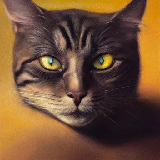 Image similar to ultra realistic portrait painting of cat, art by frank frazetta, 4 k, ultra realistic, highly detailed, epic lighting