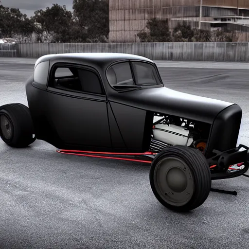 Image similar to matte black chopped and channeled tesla rat rod with a blower protruding out of the hood, 4 k photorealism, 4 k quality