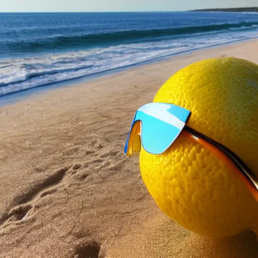 Prompt: a lemon wearing sunglasses at the beach