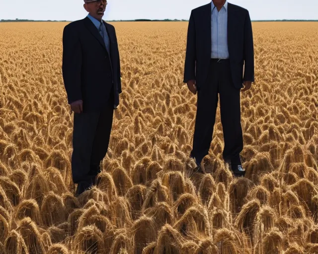 Prompt: extreme long shot of walter white and gustavo fring standing in front of each other from a distance in a wheat field, low angle, side view, 3 5 mm photograph, 8 k resolution, wide shot, sharp lens