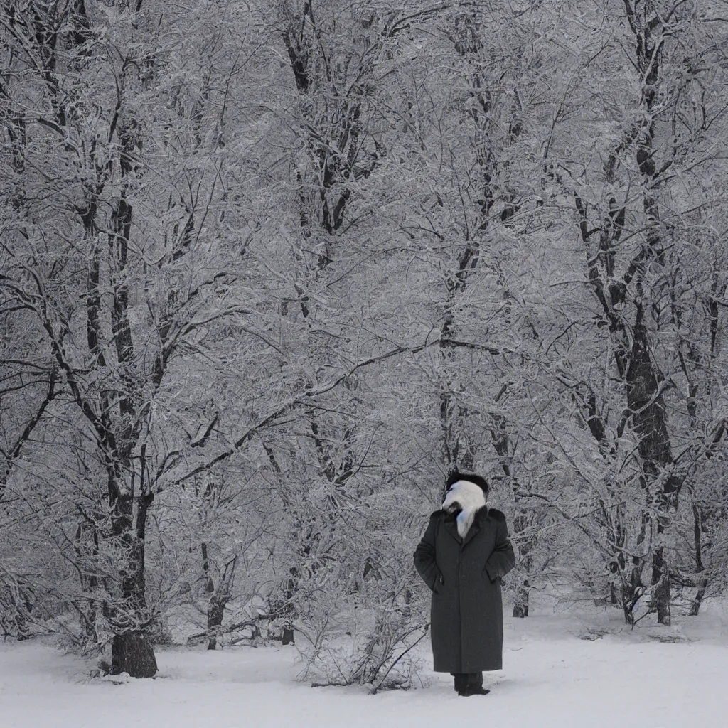 Image similar to filmstill of Kim Jong-il wearing a furry chapka and playing the role of Omar Sharif in Doctor Zhivago by David Lean, man in grey winter coat, cold Russian winter, snow and trees, Prussian architecture, old Russian interior, Doctor Zhivago movie shot, minimal composition, 1965, cinemascope, Eastman Color Negative 50T 5251 Neg. Film, epic romance