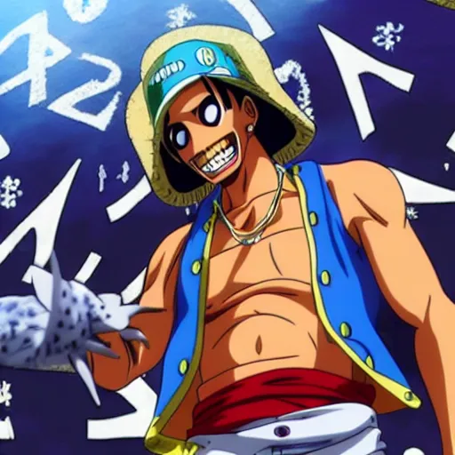 Image similar to A still of Tupac Shakur in One Piece Anime Series, 8k Resolution. Tupac