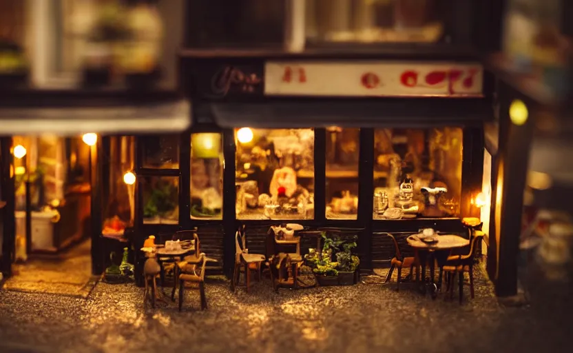 Prompt: miniature cafe dusk diorama macro photography, cafe for mice, alleyway, ambient, atmospheric, british, bokeh, romantic
