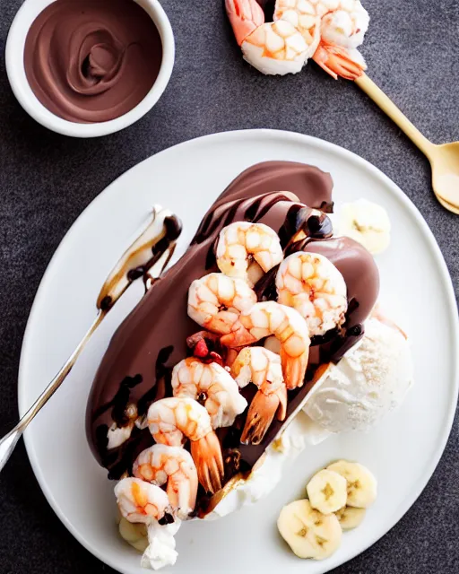 Prompt: dslr food photograph of an ice cream banana split with shrimps on top. chocolate sauce, shrimp, banana. 8 5 mm f 1. 4