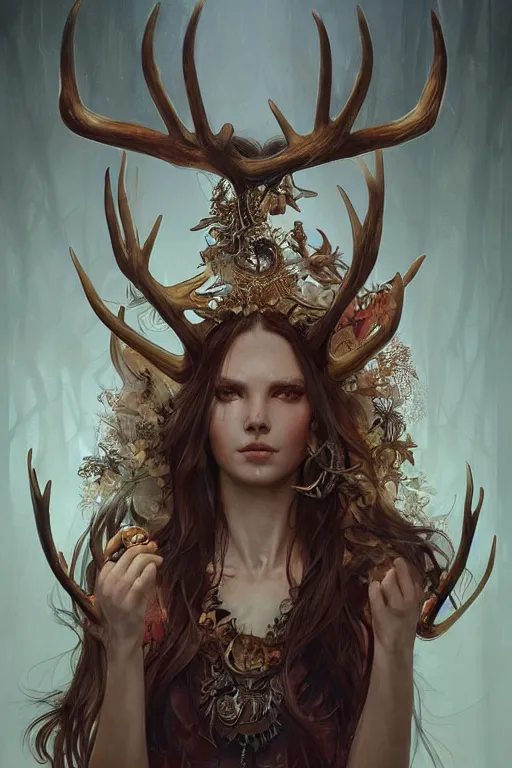 Image similar to ultra realistic illustration, a stunningly beautiful shaman girl with antlers and bone fragments, intricate, elegant, highly detailed, digital painting, artstation, concept art, smooth, sharp focus, illustration, art by artgerm and greg rutkowski and alphonse mucha