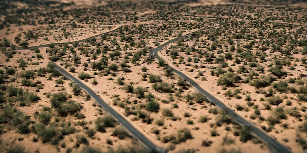 Image similar to Aerial Photo of nostalgic abandoned desert oasis, photo realistic, isometric, tilt shift, bokeh, award winning, trending, 8k, HD