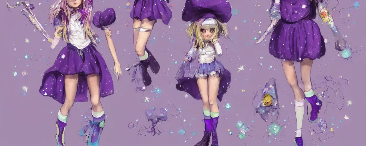 Image similar to A character sheet of a cute magical girl with short blond hair and freckles wearing an oversized purple Beret, Purple overall shorts, Short Puffy pants made of silk, pointy jester shoes, a big scarf, and white leggings. Rainbow accessories all over. Covered in stars. Short Hair. By Seb McKinnon. By WLOP. By Artgerm. By william-adolphe bouguereau. Jean-Baptiste de Champaigne. Decora Fashion. harajuku street fashion. Kawaii Design. Intricate. Highly Detailed. Digital Art. Fantasy. CGSociety. Sunlit. 4K. UHD. HyperMaximalist. Denoise. Hyper realistic.