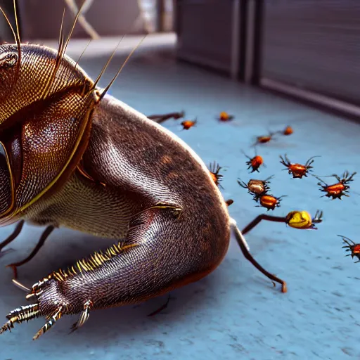 Prompt: a pest control technician being eaten alive by cockroaches and Rats, cinematic, hyper realistic, octane render