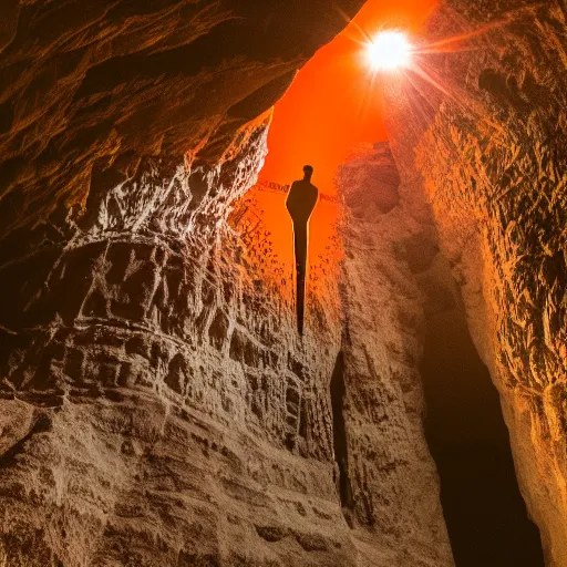 Image similar to photo of a giant orange colored glowing transparent humanoid of one thousand feet of height standing next to a building inside a cave