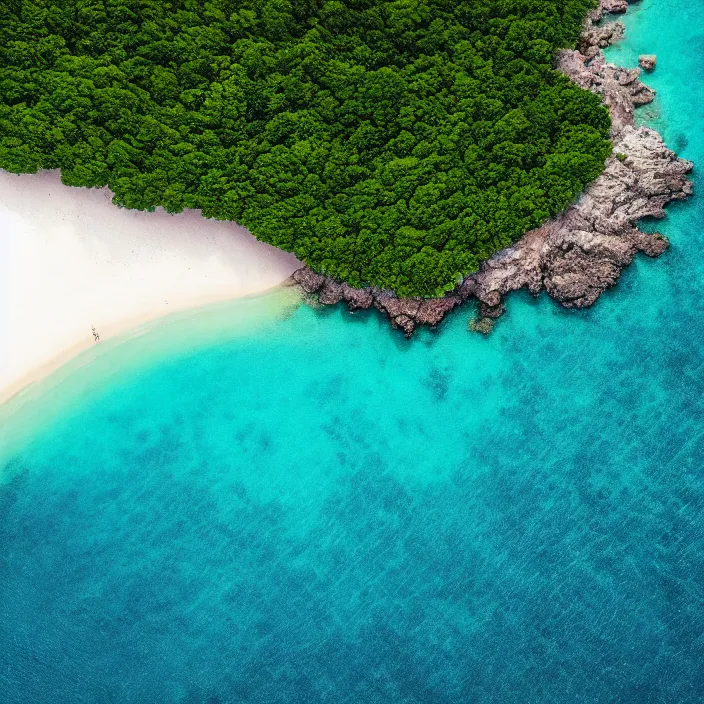 Prompt: an aerial perspective of a crystal clear bay, beach, turquoise ocean, photo - realistic, highly detailed, calm, serene