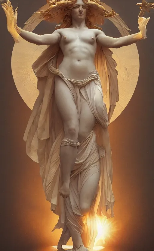 Image similar to statue of the goddess of the sun helios with four arms descending from olympus, artstation, concept art, smooth, sharp focus, illustration, art by artgerm and greg rutkowski and alphonse mucha and william adolphe bouguereau and john william waterhouse