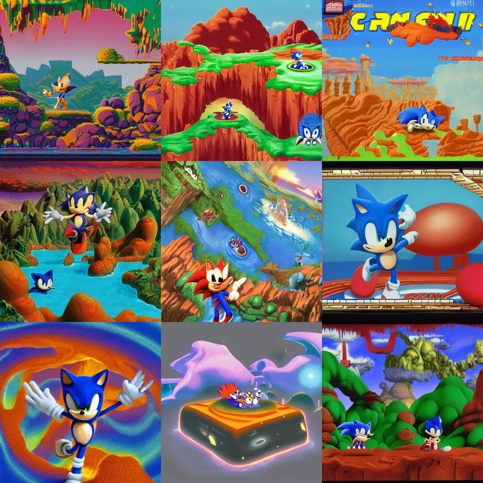 Prompt: sonic the hedgehog dreaming of puffy closeup portrait colossal claymation scifi matte painting landscape of a surreal lava, sonic the hedgehog retro moulded domineering craven chubby soggy roomy noxious fluttering checkerboard background 1 9 8 0 s 1 9 8 2 sega genesis video game album cover