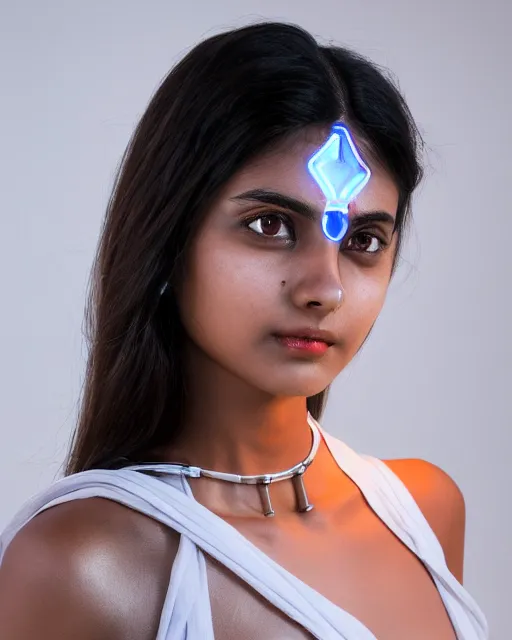 Image similar to 3 / 4 portrait photo of sensual indian girl as a cyberpunk mecha humanoid robotic head shoulder parts with straight bright led lights, inside white room, ultra - realistic and detailed, 8 k