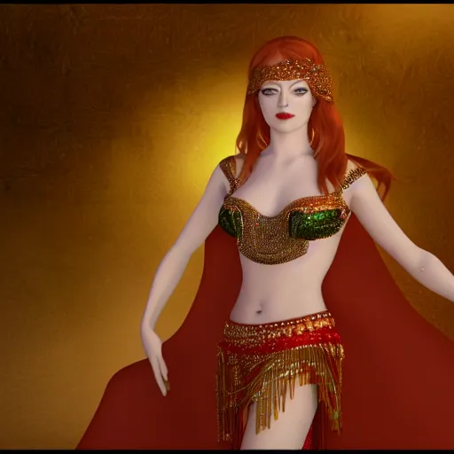 Image similar to a photorealistic portrait of actress emma stone dressed as a belly dancer, arabian night, volumetric lightening, octane render, high quality, fully detailed, 4 k, in focus sharp face with fine details, her hands by albrecht durer, inspired by belly dancer on youtube, alphonse mucha, masterpiece, stunning