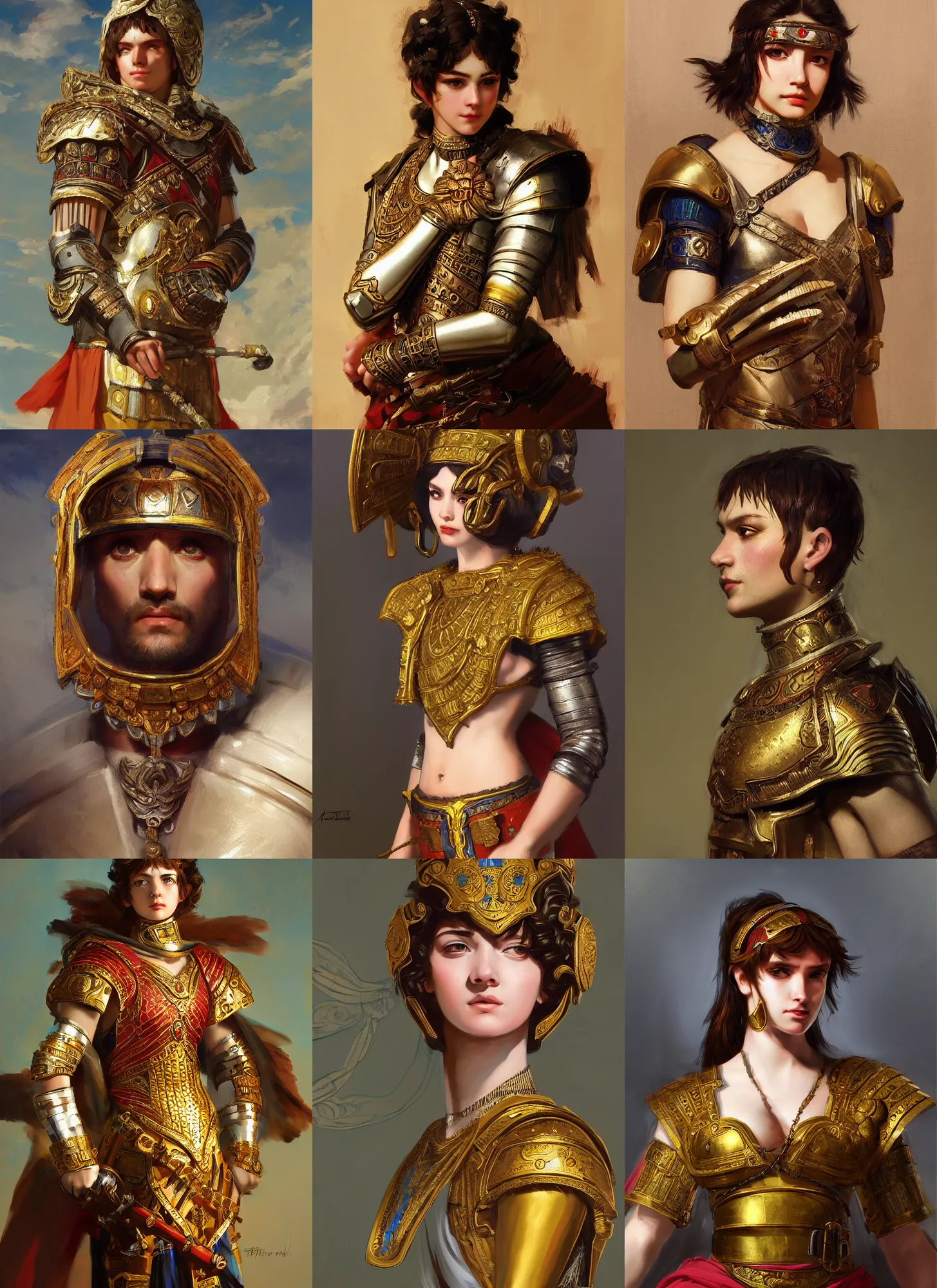 Image similar to portrait of an ancient roman character in incredible rich ornate armor, by ilya kuvshinov, by thomas lawrence, by bayard wu, trending on artstation, masterpiece