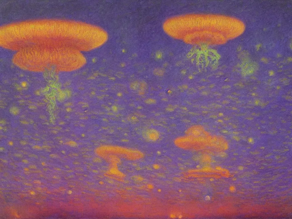 Image similar to study of the psychedelics dream bot mothership thunderstorm. painting by monet, wayne barlowe, agnes pelton, rene magritte, moebius