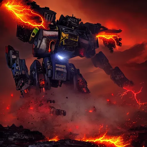 Image similar to a battle between mecha next to an erupting volcano, dark, dramatic lighting, lightning, apocalypse, warhammer 4 0 k