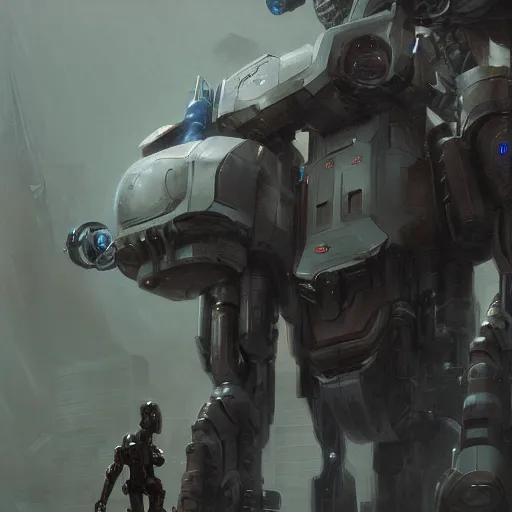 Prompt: a full length portrait of a giant autonomous polished steel battle mecha, a moody sci - fi painting by grosnez and juan pablo roldan, trending on artstation, highly detailed matte painting, cinematic