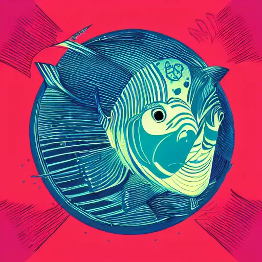 Image similar to one stylized fish in center of view, viewed in profile, dark ocean, complex patterns, artstation, intricate, realistic, highly detailed, digital painting, concept art, sharp focus, illustration by tom whalen and charles williams and kilian eng and james jean