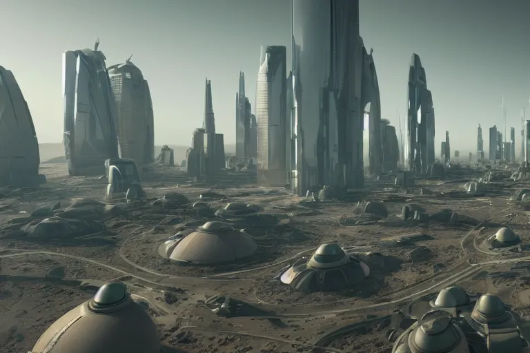 Prompt: expansive wide shot of futuristic city on mars with tall green houses made of glass and small spacecraft flying around and between the tall buildings, red dusty soil, ray traced reflections, unreal engine 5, in the style of the expanse tv show