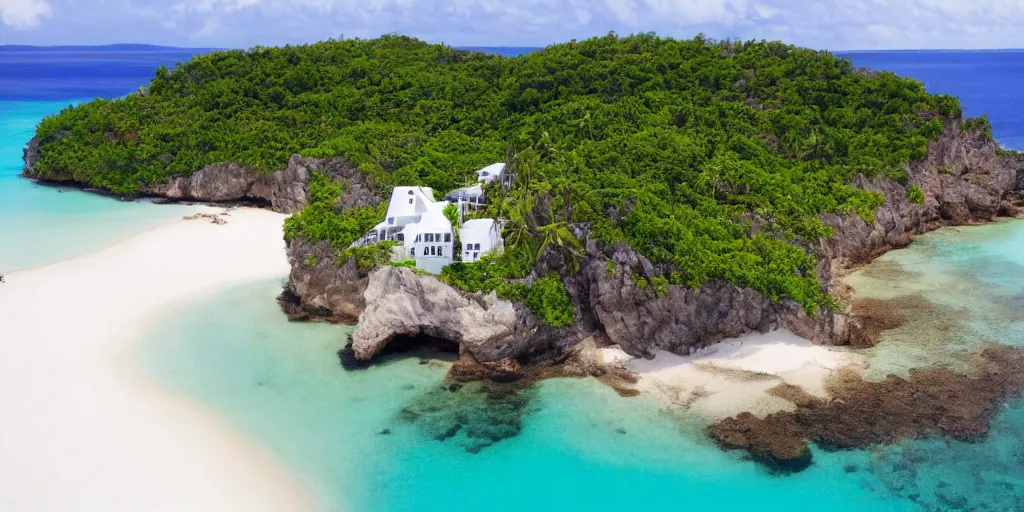 Prompt: photo of an small island with a white beach and a small hotel on it, stunning landscape