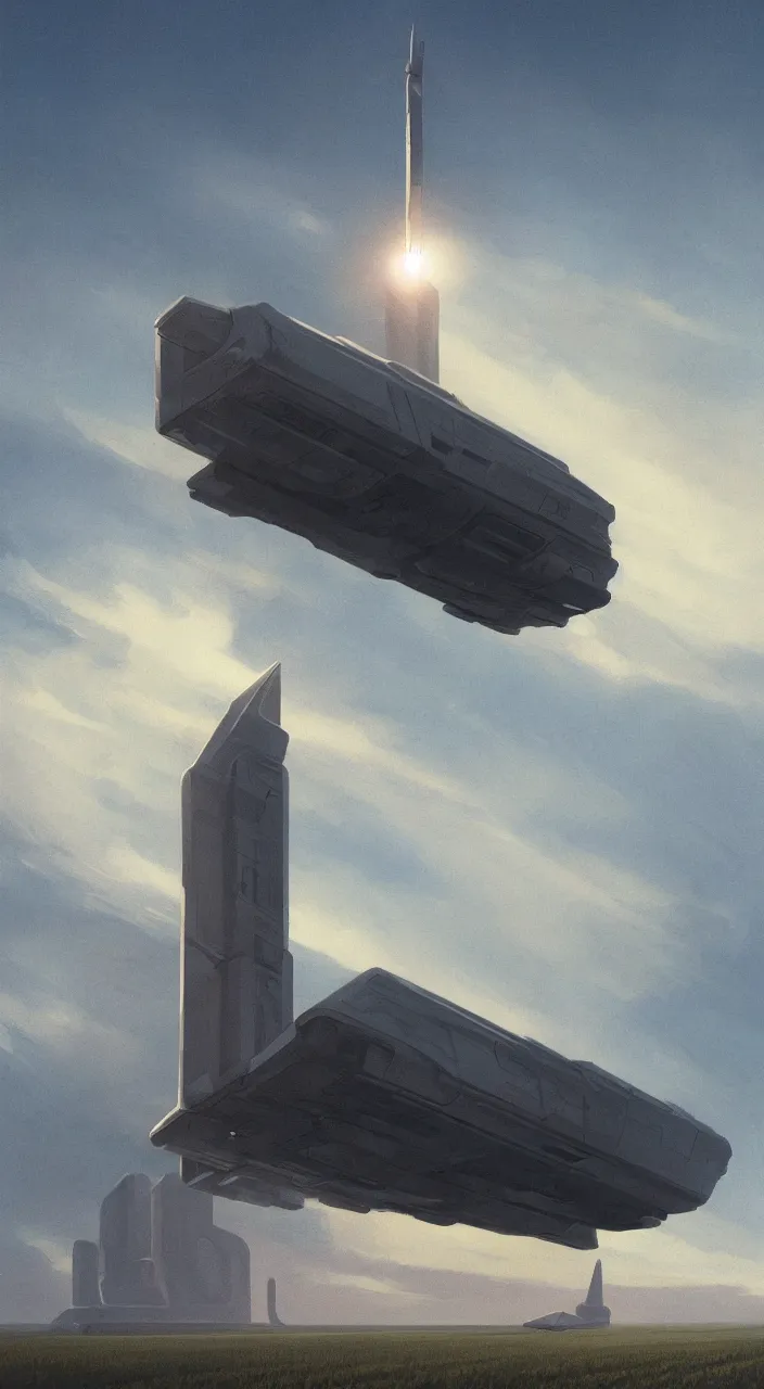 Image similar to wide shot of a tall and thin monolithic spaceship hovering vertically in the air 6 feet above a cornfield, late afternoon, golden hour, highly detailed, smooth, sharp focus, concept art by greg rutkowski and syd mead