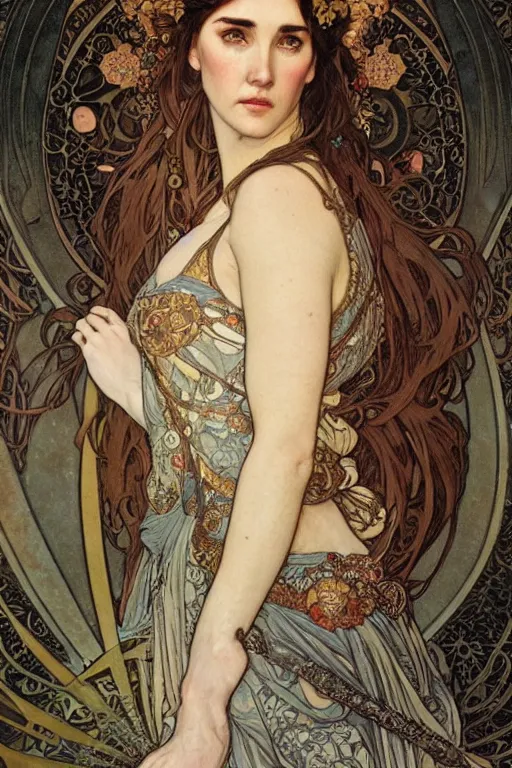 Prompt: realistic detailed face portrait of Jennifer Connelly as a beautiful Medieval Princess by Alphonse Mucha, Ayami Kojima, Amano, Charlie Bowater, Karol Bak, Greg Hildebrandt, Jean Delville, and Mark Brooks, Art Nouveau, Neo-Gothic, gothic, rich deep moody colors