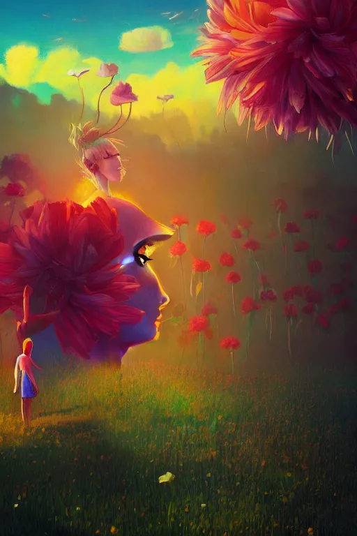 Image similar to closeup, giant flower as a head, girl surrounded by djungle, surreal photography, golden hour, colorful clouds, impressionist painting, digital painting, artstation, simon stalenhag