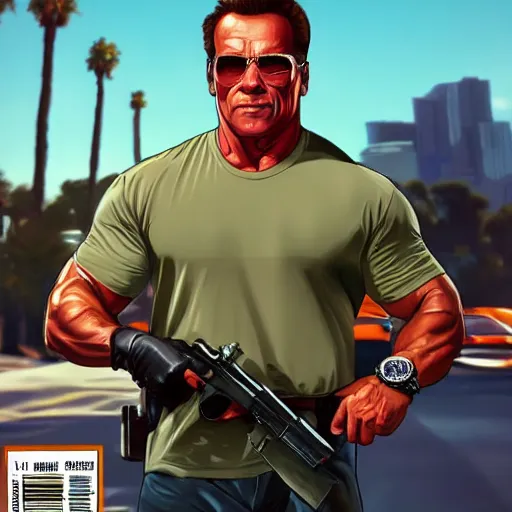 Image similar to Arnold Schwarzenegger in GTA V, cover art by Stephen Bliss, artstation, no text