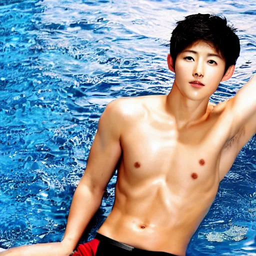 Prompt: song joong - ki portrait, young handsome asian male diver in speedo, muscle, studio photo