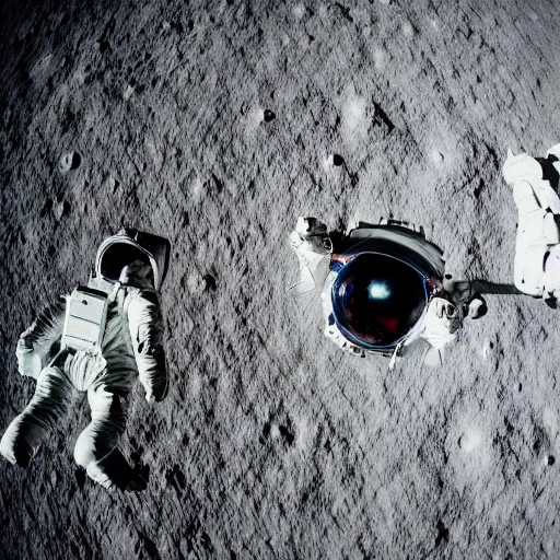 Image similar to two astronauts on the moon looking down at the camera, fish-eye lens, 15mm