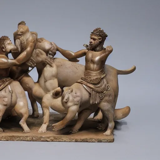 Image similar to greek warriors fighting against capybara, ancient greek statue, epic, detailled