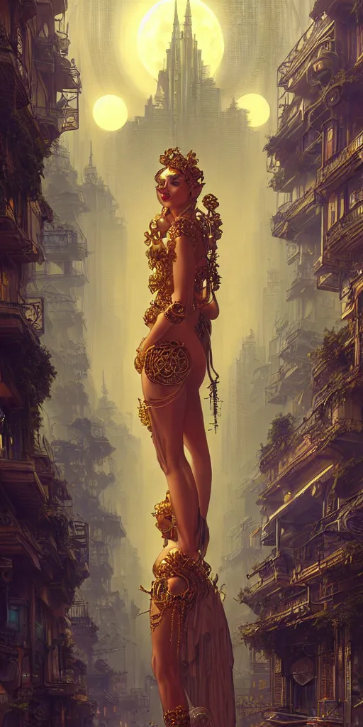 Image similar to golden ornate goddess looking at a hyper realistic cyberpunk city, busy crowded market street overtaken by lush plants, full moon, light rays, gnarly trees by tom bagshaw, mucha, gaston bussiere, craig mullins, j. c. leyendecker 8 k