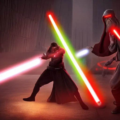 Image similar to A sith fighting a Jedi in the Jedi temple. Epic, cinematic lighting, dreary, other worldly.