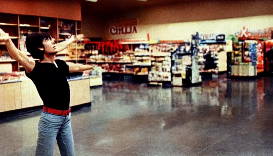 Prompt: 7 0 s film still from a horror movie featuring a person practicing qi gong in the middle of a grocery store, kodachrome, cinecolor, cinestill, photorealism, cinematic, film grain, film texture, vhs recording