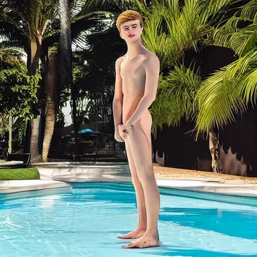 Image similar to “a realistic detailed photo of a guy who is an attractive humanoid who is half robot and half humanoid, who is a male android, twitch streamer Ninja Tyler Blevins, shiny skin, posing like a statue, blank stare, by the pool as a pool boy , display”