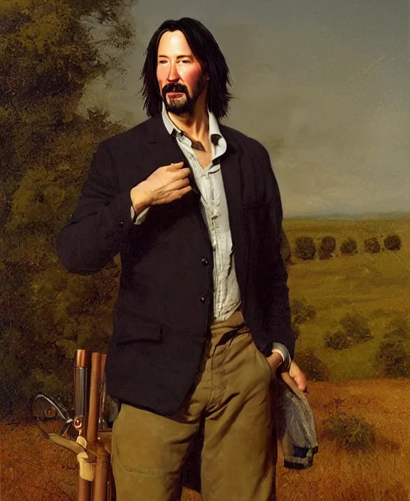 Image similar to portrait of keanu reeves as a kentucky farmhand, art by denys tsiperko and bogdan rezunenko and george caleb bingham, hyperrealism