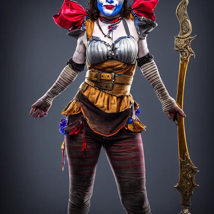 Image similar to full length photo of a real - life beautiful female jester warrior, 8 k, hdr, smooth, sharp focus, high resolution, award - winning photo