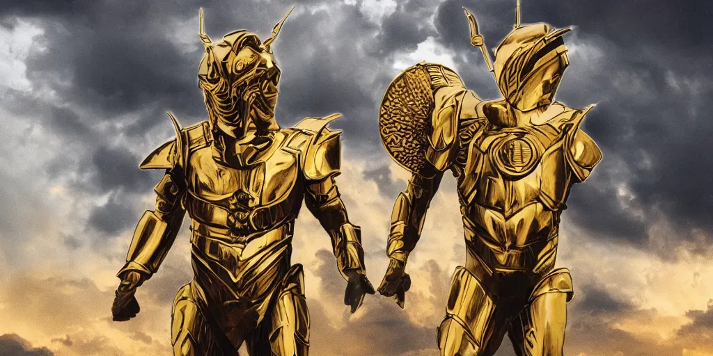 Prompt: zeus in his golden scifi armor ready for a battle, stormy sky,