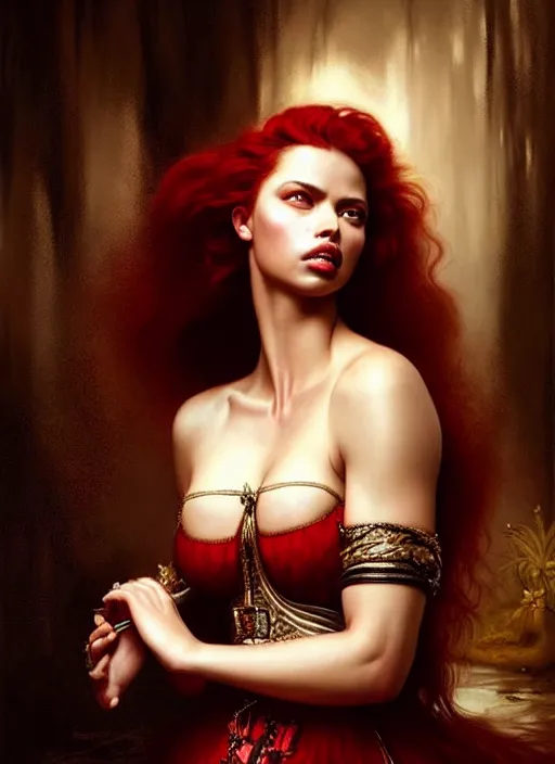 Prompt: a beautiful woman with baroque dress, red hair, adriana lima, painted by artgerm and tom bagshaw, by rembrandt 1 6 6 7, fantasy art, dramatic lighting, highly detailed oil painting