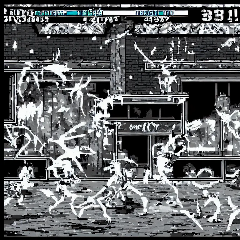 Image similar to ghostly battle arcade vintage fighting game in black and white with blood splatters from the bare knuckle fighting combo with crazy hud GUI from the year 3001