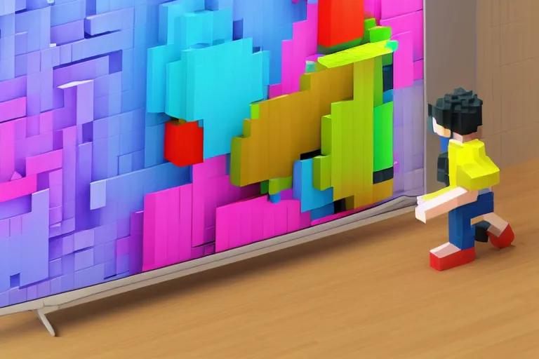 Image similar to a 3d voxel character crawling out of 2d pixels on a tv screen, colorful living room