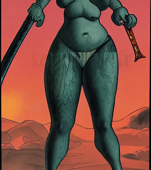 Image similar to 1 9 8 0 s fantasy novel book cover, bbw plus size amazonian young jenna fischer in extremely tight bikini armor wielding a cartoonishly large sword, exaggerated body features, dark and smoky background, low quality print