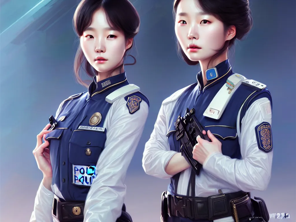 Image similar to portrait futuristic korea police uniform girl, at future neon light rooftop, ssci - fi and fantasy, intricate and very very beautiful and elegant, highly detailed, digital painting, artstation, concept art, smooth and sharp focus, illustration, art by tan zi and ayanamikodon and alphonse mucha and wlop