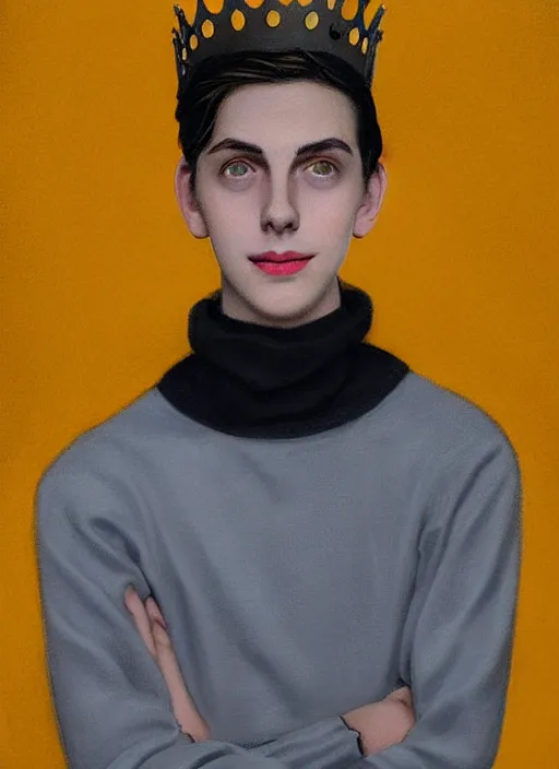 Image similar to portrait of teenage jughead jones wearing a light grey crown, crown, blue turtleneck, 1 9 5 0 s, closed eyes, photorealistic, black hair, glowing lighting, intricate, elegant, glowing lights, highly detailed, digital painting, artstation, concept art, smooth, sharp focus, illustration, art by wlop, mars ravelo and greg rutkowski