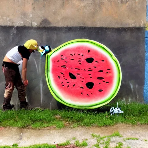 Image similar to noa kirel eats a watermelon, graffiti, photograph, made by banksy, yellow and brown colors, spray brush, midday, sunny, professional