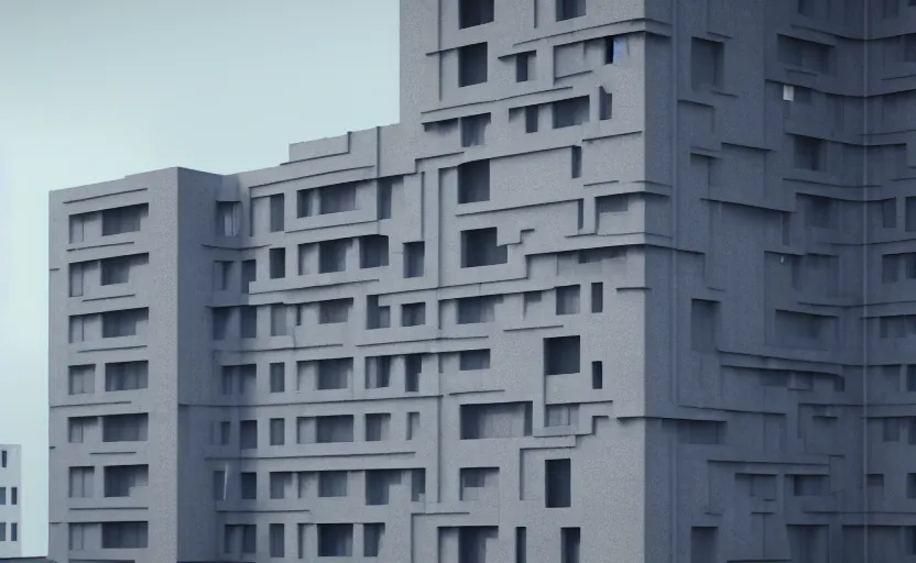 Image similar to brutalist architecture building, apartment complex, octane render, cgsociety, highly detailded, volumetric lighting