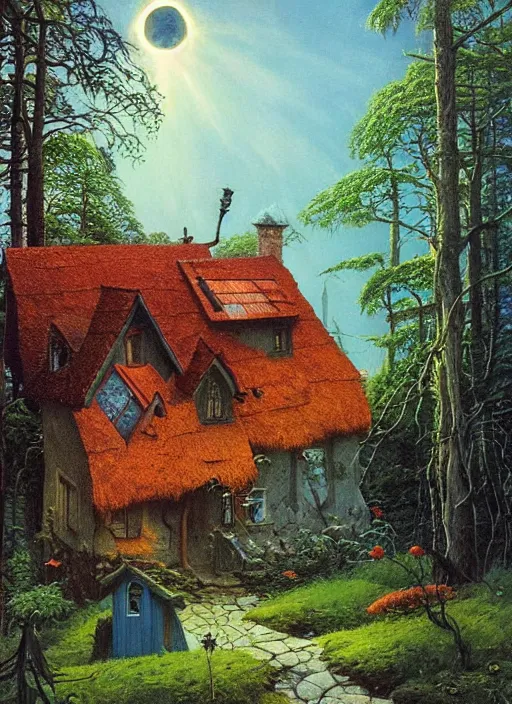 Image similar to hyper realistic witch cottage with solar panels with happy lighting and technology in the woods gorgeous lighting, sunbeams blue sky, lush forest foliage painting by zdzisław beksinski and norman rockwell and greg rutkowski weta studio, and lucasfilm