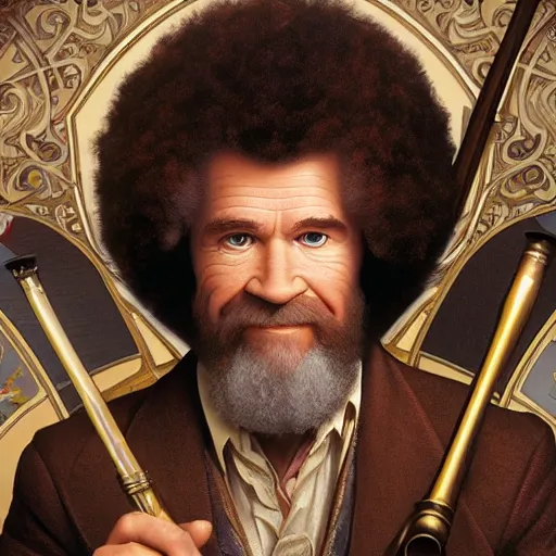 Image similar to an ultra detailed vector image of bob ross dressed as a fantasy bard, d & d, epic fantasy, concept art by alphonse mucha and greg rutkowski, octane render, 8 k, detailed face